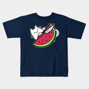 Cute cat with Knife and watermelon Kids T-Shirt